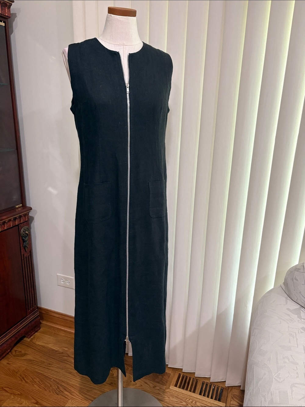 Harve Benard LINEN Sleeveless Long Black double Zip-Front Maxi Dress 4 pockets S